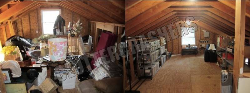 Before and after of attic full of boxes and totes for storage. 