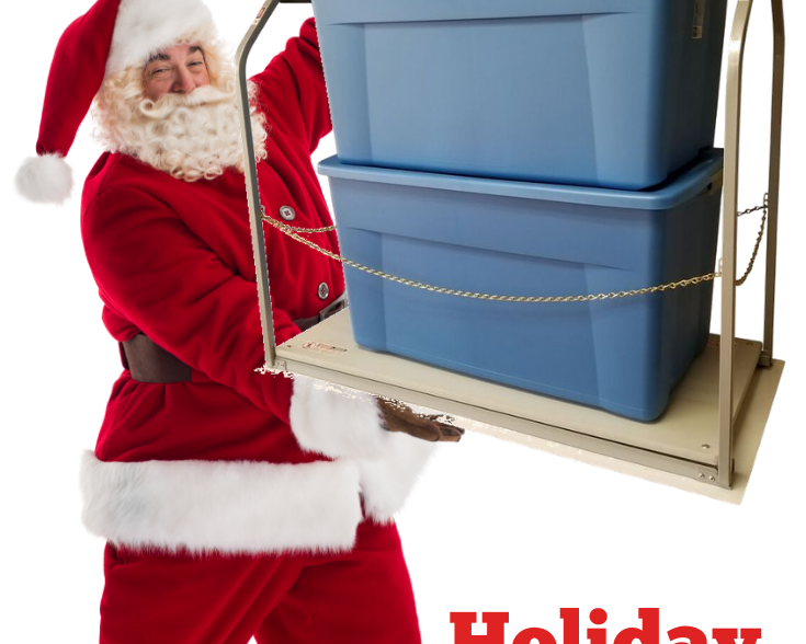 Santa with storage bins that states the new holiday storage