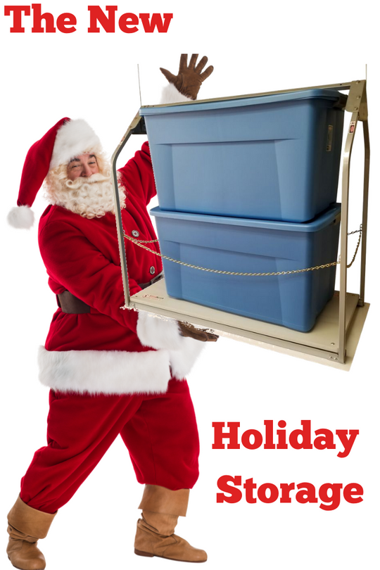 Santa with storage bins that states the new holiday storage