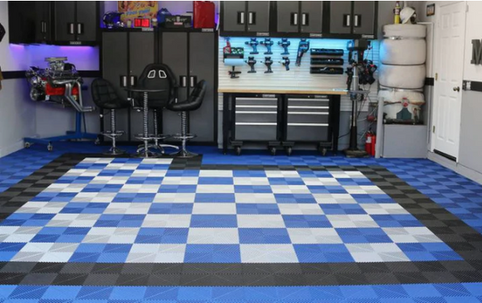 blue and white checkerboard floor in garage