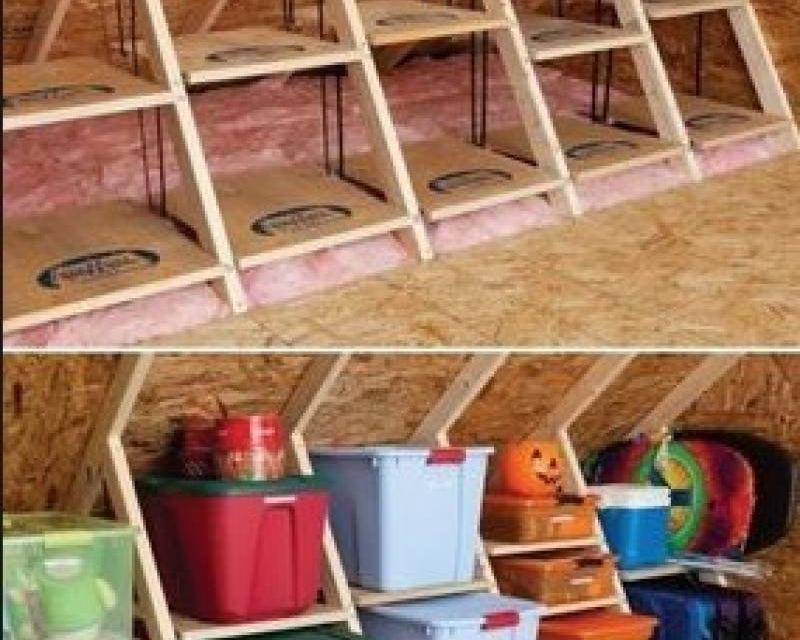 Before and after of shelves in the slant part of an attic wall. 