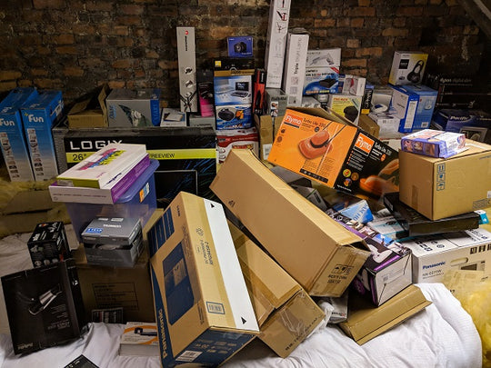 boxes piled in attic