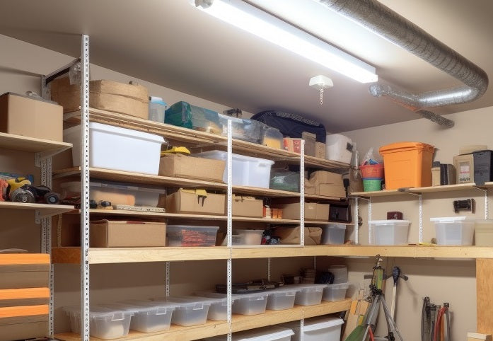 tubs on shelf in attic