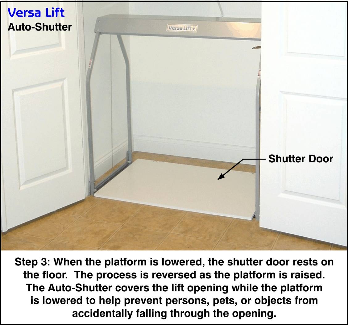 AS-32 Auto-Shutter Door. This is a steel door for in-home safety that closes down over the opening when the lift is in down position. | Versaliftsystems
